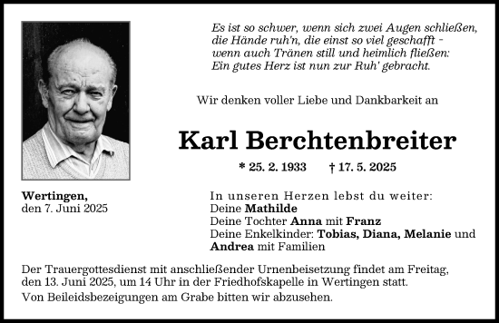 Traueranzeige von Karl Berchtenbreiter von Wertinger Zeitung