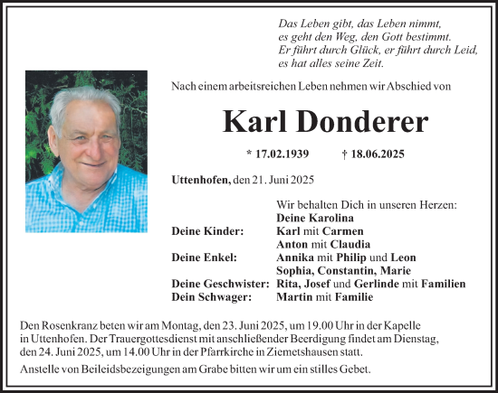 Traueranzeige von Karl Donderer von Mittelschwäbische Nachrichten, Augsburg-Land
