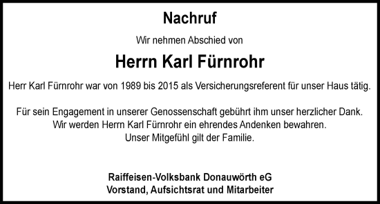Traueranzeige von Karl Fürnrohr von Donauwörther Zeitung, Rieser Nachrichten