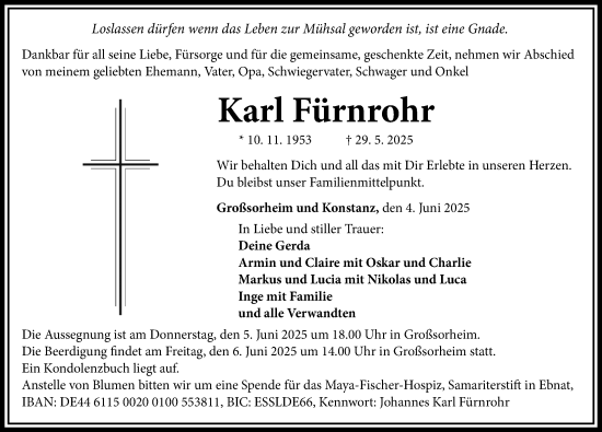 Traueranzeige von Karl Fürnrohr von Rieser Nachrichten, Donauwörther Zeitung