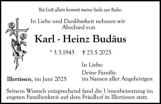 Traueranzeige von Karl-Heinz Budäus von Illertisser Zeitung