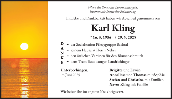 Traueranzeige von Karl Kling von Donau Zeitung