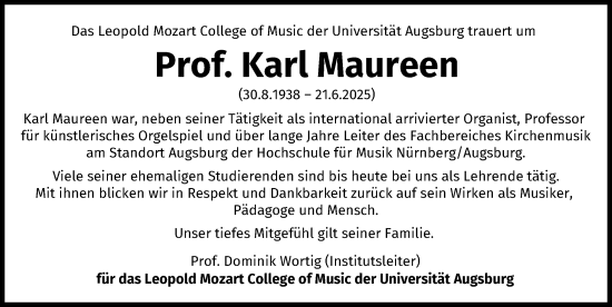 Traueranzeige von Karl Maureen von Augsburger Allgemeine
