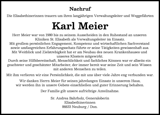 Traueranzeige von Karl Meier von Neuburger Rundschau