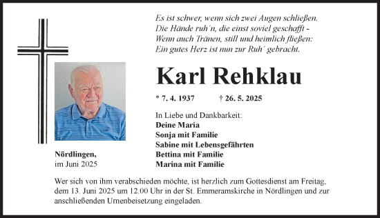 Traueranzeige von Karl Rehklau von Rieser Nachrichten