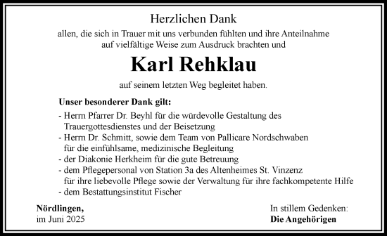 Traueranzeige von Karl Rehklau von Rieser Nachrichten