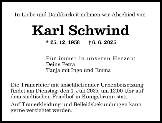 Traueranzeige von Karl Schwind von Augsburger Allgemeine
