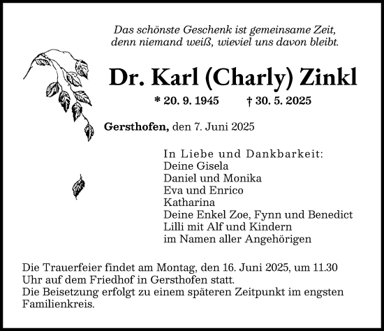 Traueranzeige von Karl Zinkl von Augsburger Allgemeine