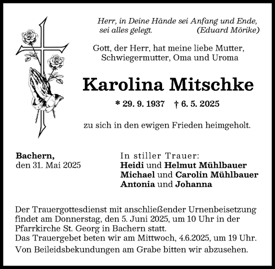 Traueranzeige von Karolina Mitschke von Friedberger Allgemeine