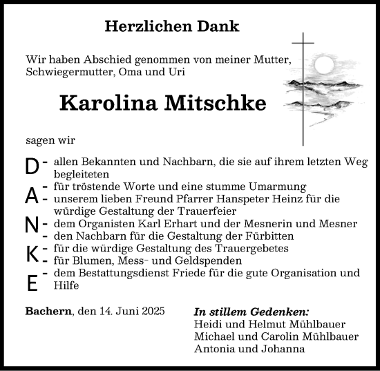 Traueranzeige von Karolina Mitschke von Friedberger Allgemeine