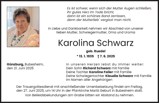 Traueranzeige von Karolina Schwarz von Günzburger Zeitung