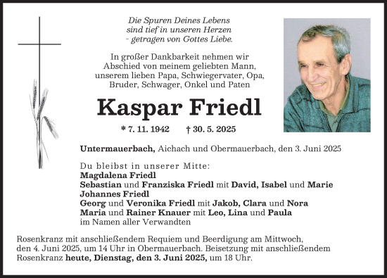Traueranzeige von Kaspar Friedl von Aichacher Nachrichten