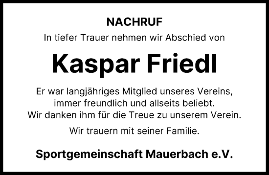 Traueranzeige von Kaspar Friedl von Aichacher Nachrichten