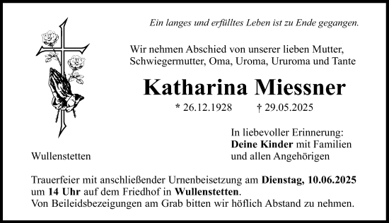 Traueranzeige von Katharina Miessner von Neu-Ulmer Zeitung