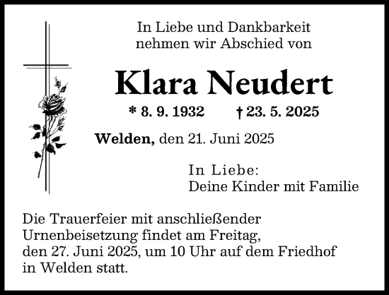 Traueranzeige von Klara Neudert von Augsburg-Land