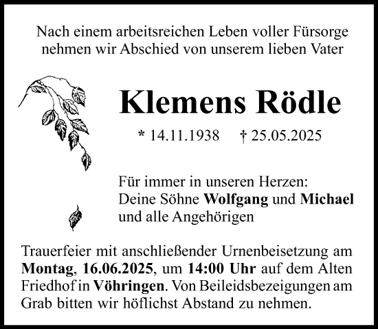 Traueranzeige von Klemens Rödle von Illertisser Zeitung