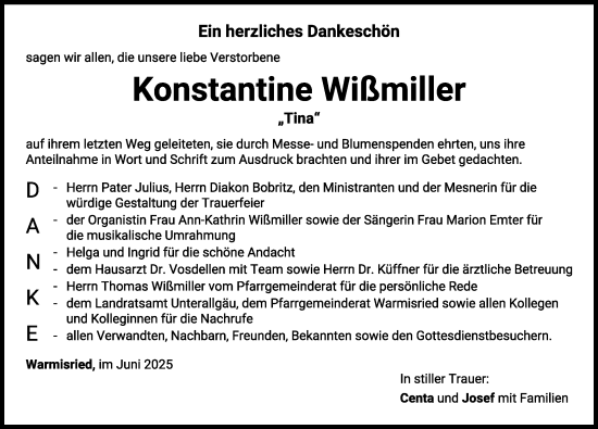 Traueranzeige von Konstantine Wißmiller von Mindelheimer Zeitung