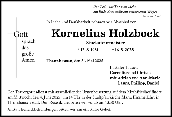 Traueranzeige von Kornelius Holzbock von Mittelschwäbische Nachrichten