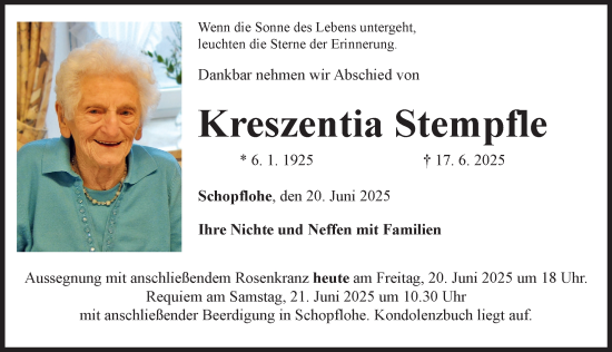 Traueranzeige von Kreszentia Stempfle von Rieser Nachrichten