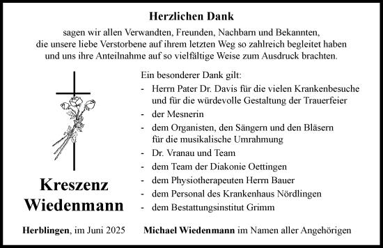 Traueranzeige von Kreszenz Wiedenmann von Rieser Nachrichten