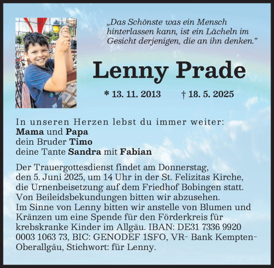 Traueranzeige von Lenny Prade von Schwabmünchner Allgemeine