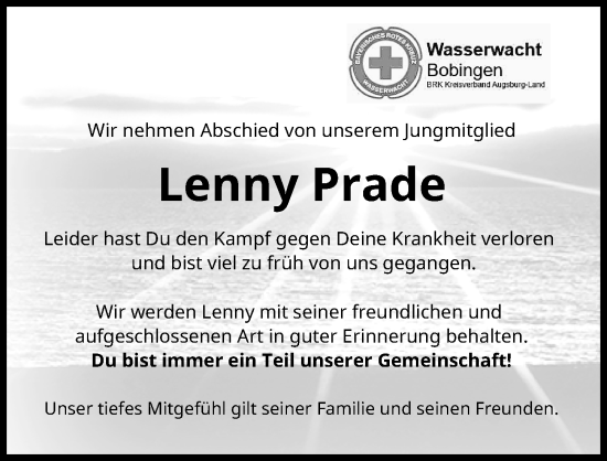 Traueranzeige von Lenny Prade von Schwabmünchner Allgemeine