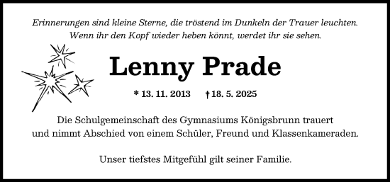 Traueranzeige von Lenny Prade von Schwabmünchner Allgemeine