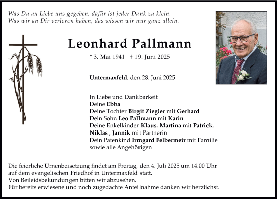 Traueranzeige von Leonhard Pallmann von Neuburger Rundschau