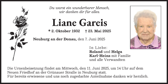 Traueranzeige von Liane Gareis von Neuburger Rundschau