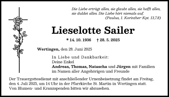 Traueranzeige von Lieselotte Sailer von Wertinger Zeitung