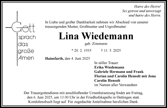 Traueranzeige von Lina Wiedemann von Rieser Nachrichten