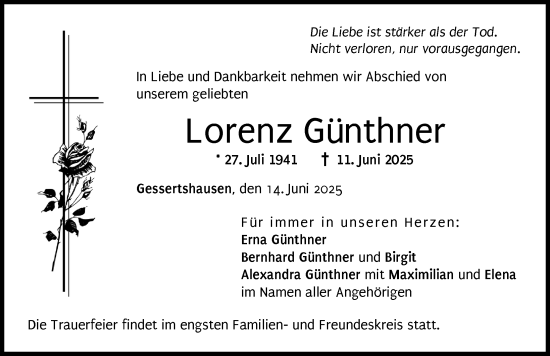Traueranzeige von Lorenz Günthner von Augsburger Allgemeine