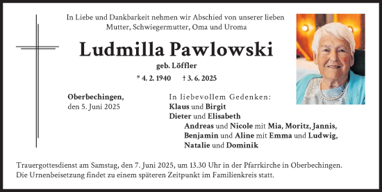 Traueranzeige von Ludmilla Pawlowski von Donau Zeitung