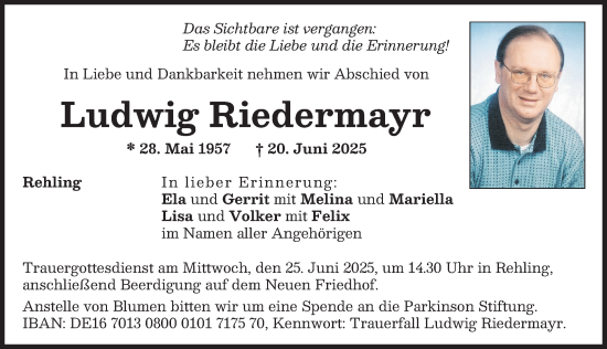 Traueranzeige von Ludwig Riedermayr von Aichacher Nachrichten