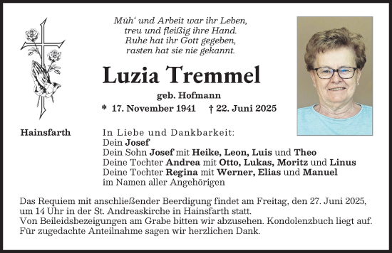 Traueranzeige von Luzia Tremmel von Rieser Nachrichten