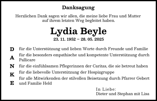 Traueranzeige von Lydia Beyle von Donauwörther Zeitung
