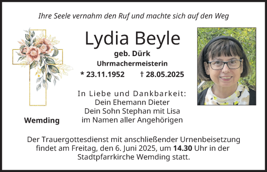 Traueranzeige von Lydia Beyle von Donauwörther Zeitung