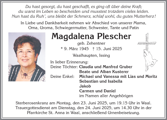 Traueranzeige von Magdalena Plescher von Augsburger Allgemeine, Landsberger Tagblatt