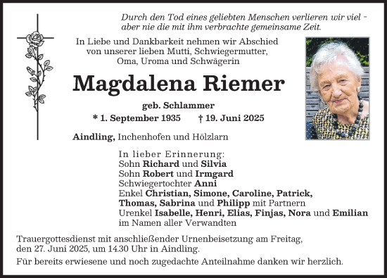 Traueranzeige von Magdalena Riemer von Aichacher Nachrichten