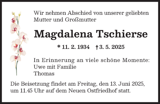Traueranzeige von Magdalena Tschierse von Augsburger Allgemeine