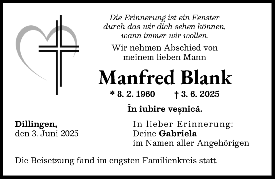 Traueranzeige von Manfred Blank von Donau Zeitung