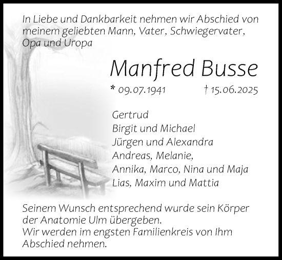 Traueranzeige von Manfred Busse von Neu-Ulmer Zeitung