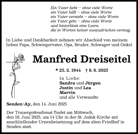 Traueranzeige von Manfred Dreiseitel von Neu-Ulmer Zeitung