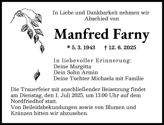 Traueranzeige von Manfred Farny von Augsburger Allgemeine