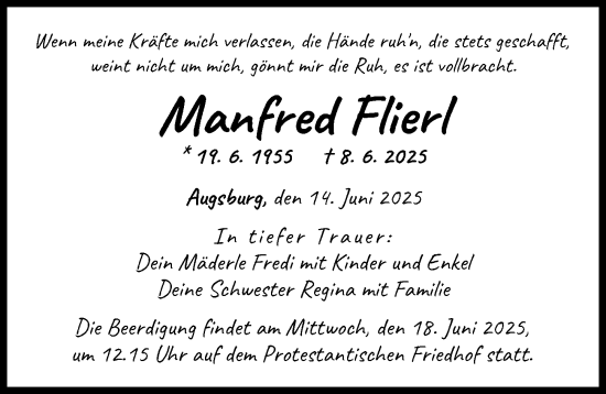 Traueranzeige von Manfred Flierl von Augsburger Allgemeine