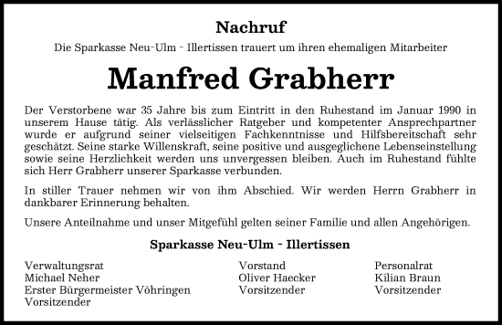 Traueranzeige von Manfred Grabherr von Neu-Ulmer Zeitung