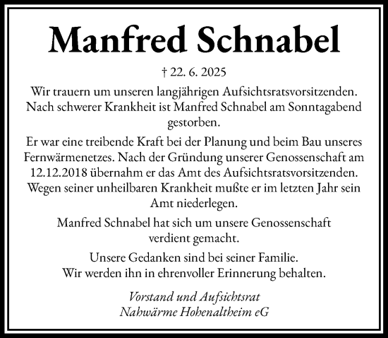 Traueranzeige von Manfred Schnabel von Rieser Nachrichten