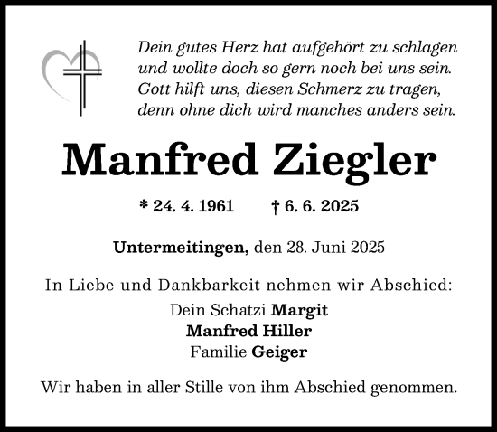Traueranzeige von Manfred Ziegler von Schwabmünchner Allgemeine