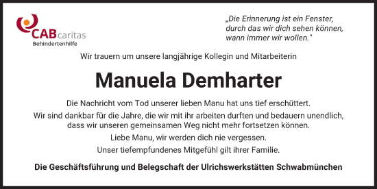 Traueranzeige von Manuela Demharter von Schwabmünchner Allgemeine