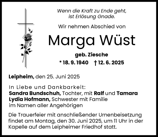 Traueranzeige von Marga Wüst von Günzburger Zeitung